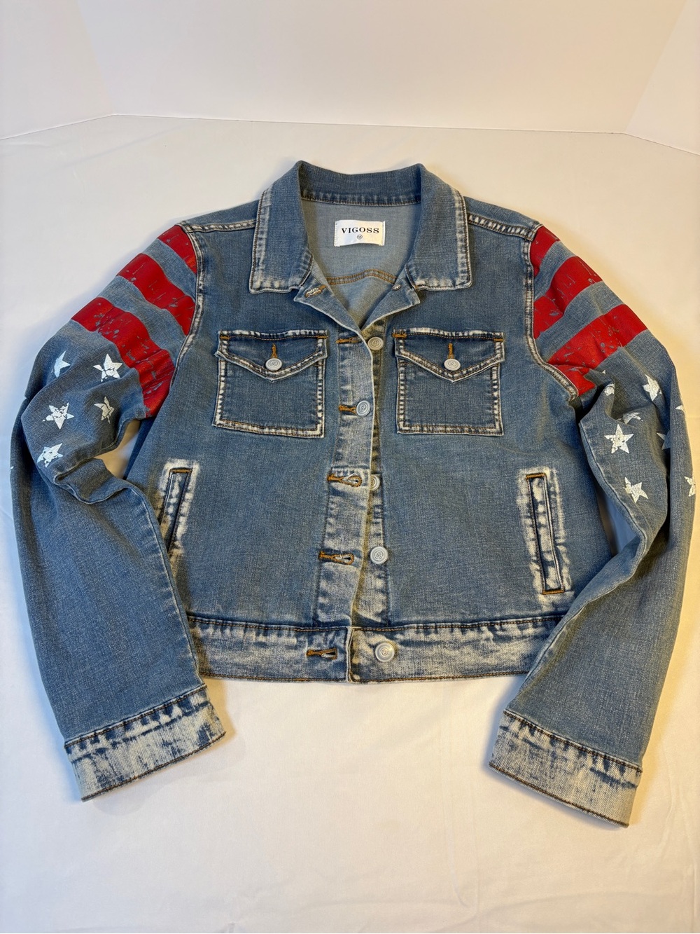 Vigoss Blue Jean Jacket Stars & Stripes Woman M Patriotic 4th of July Americana.